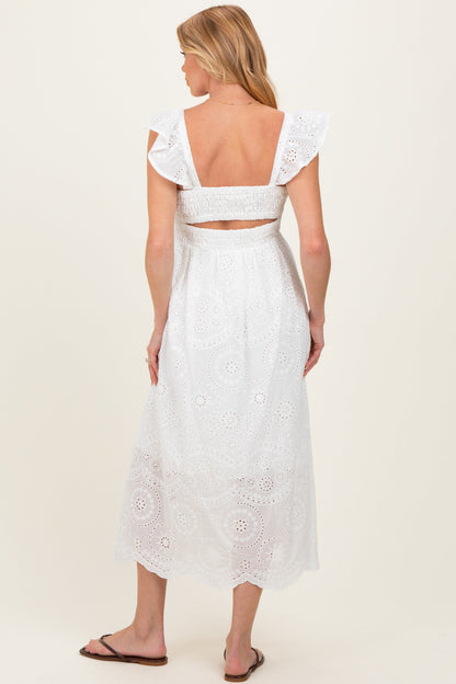 White Embroidered Smocked Cutout Maternity Midi Dress