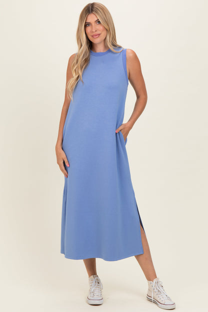 Chambray Blue Sleeveless Maternity Midi Dress