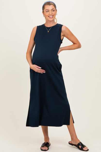 Navy Sleeveless Maternity Midi Dress
