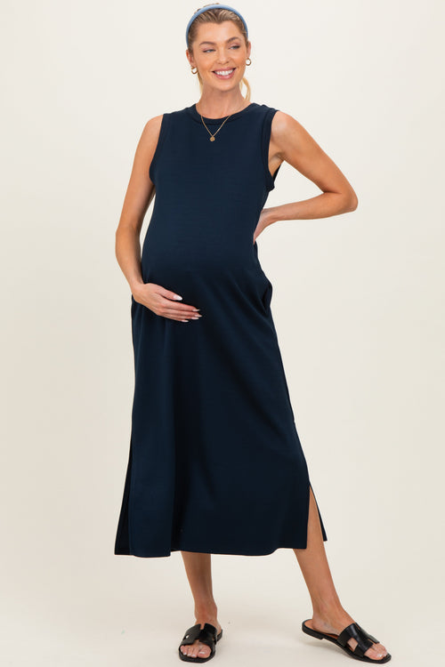 Navy Sleeveless Maternity Midi Dress
