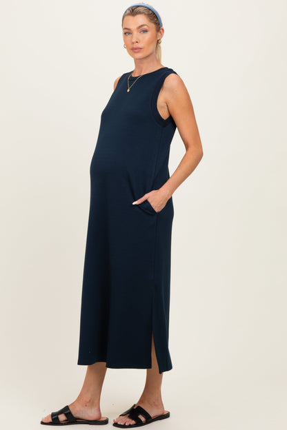 Navy Sleeveless Maternity Midi Dress