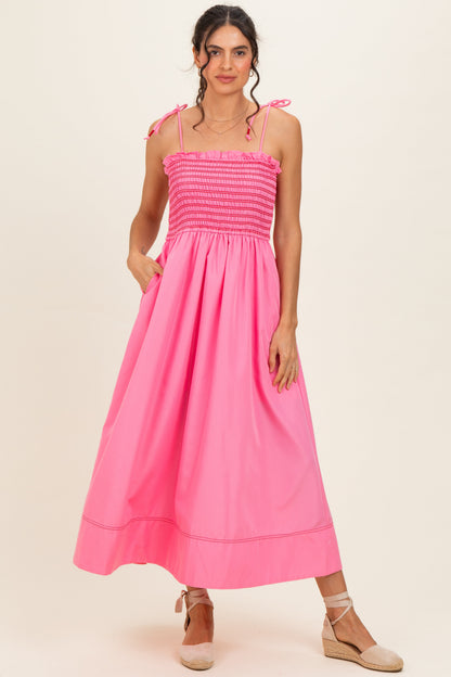 Pink Smocked Shoulder Tie Maternity Midi Dress