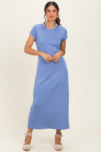 Chambray Blue Contrast Trim Short Sleeve Maternity Midi Dress