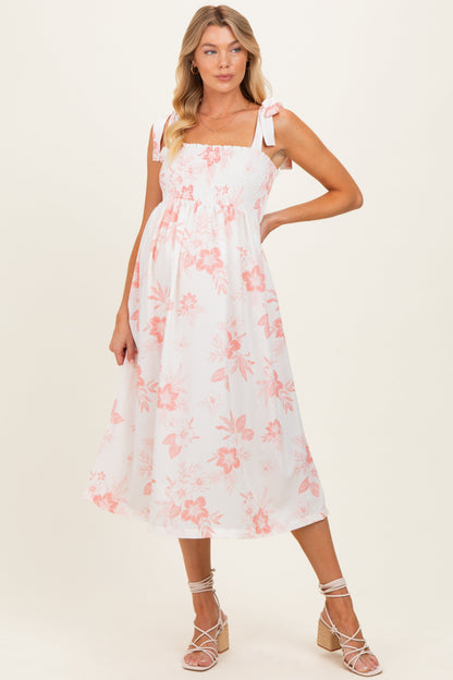 Peach Floral Smocked Maternity Midi Dress