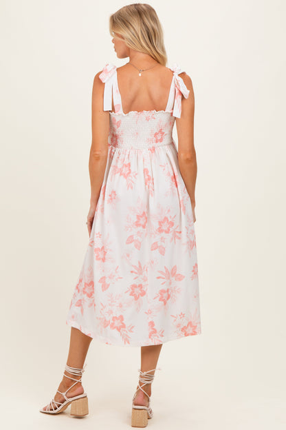 Peach Floral Smocked Maternity Midi Dress