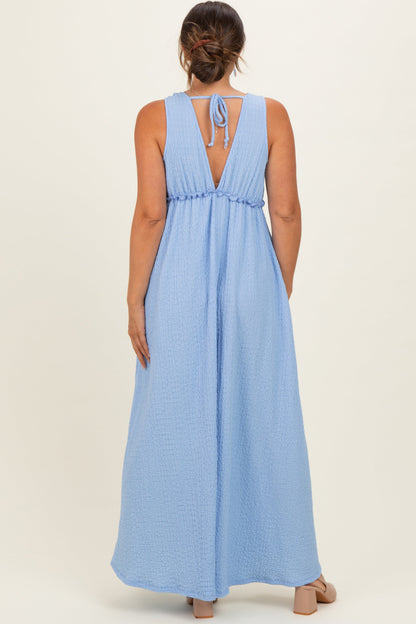 Light Blue Sleeveless Deep V-Neck Maternity Maxi Dress