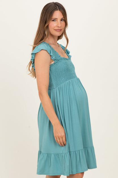 Sage Smocked Tiered Maternity Mini Dress