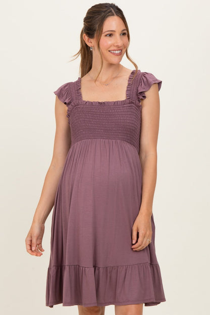 Plum Smocked Tiered Maternity Mini Dress
