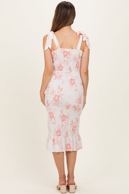 Peach Floral Shoulder Tie Fitted Maternity Midi Dress