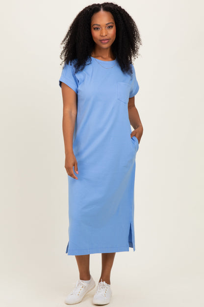 Cornflower Blue Pocket Front Maternity Midi T-Shirt Dress