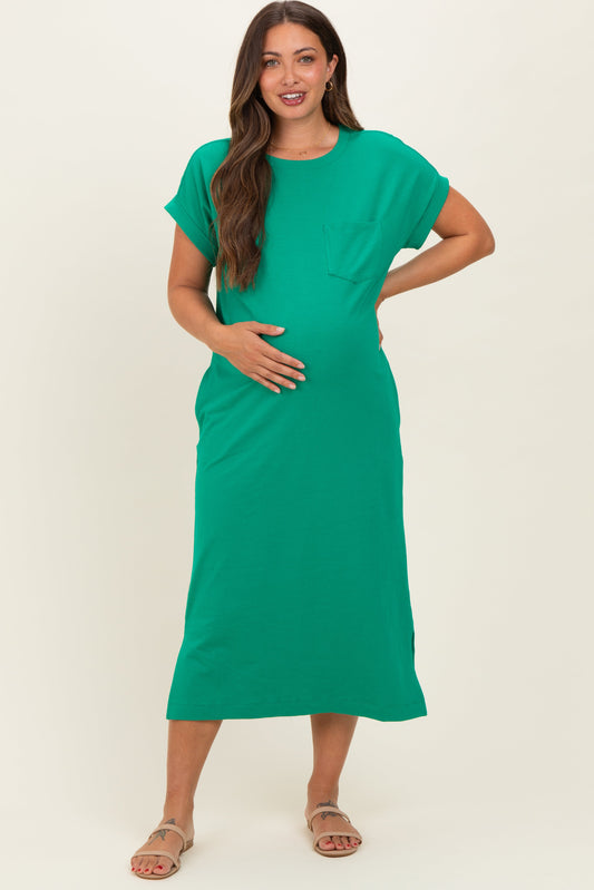 Kelly Green Pocket Front Maternity Midi T-Shirt Dress