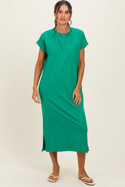 Kelly Green Pocket Front Maternity Midi T-Shirt Dress
