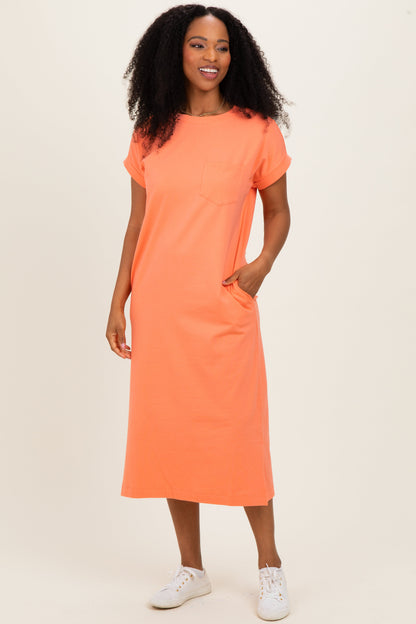 Peach Coral Pocket Front Maternity Midi T-Shirt Dress