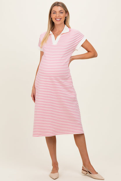 Pink Striped Polo Maternity Midi Dress