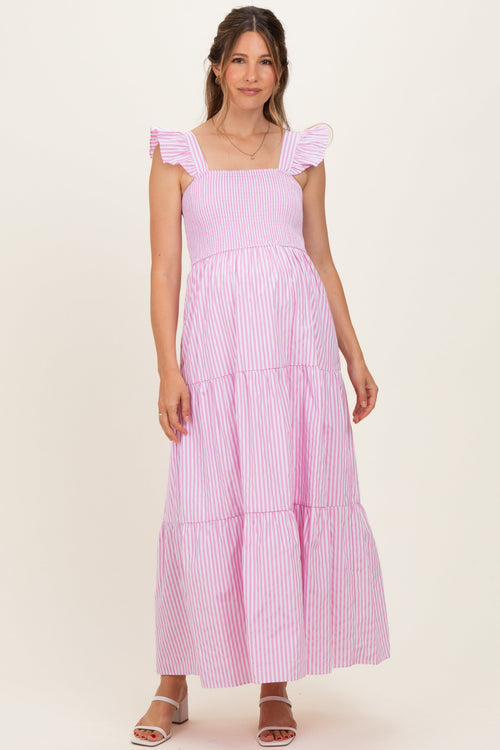 Pink Striped Ruffle Strap Smocked Maternity Maxi Dress