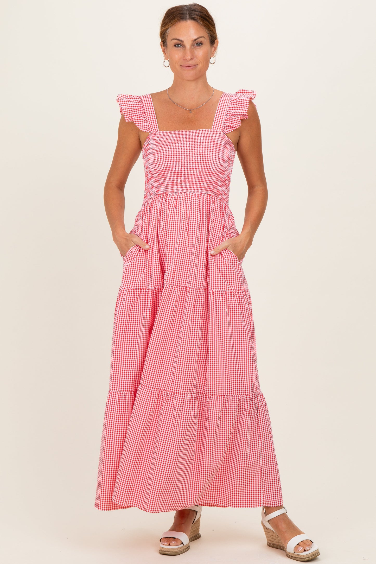 Red Gingham Ruffle Strap Smocked Maternity Maxi Dress