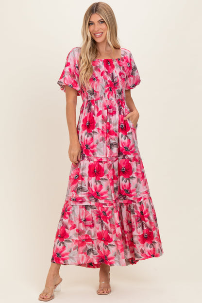 Fuchsia Floral Smocked Tiered Maternity Maxi Dress