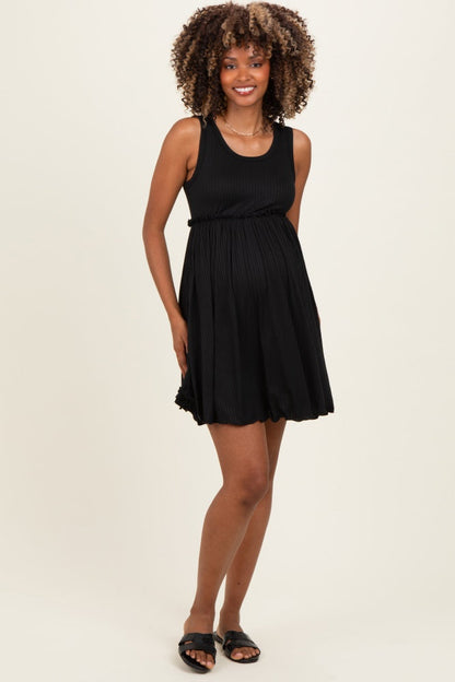 Black Ribbed Sleeveless Lettuce Trim Maternity Mini Dress