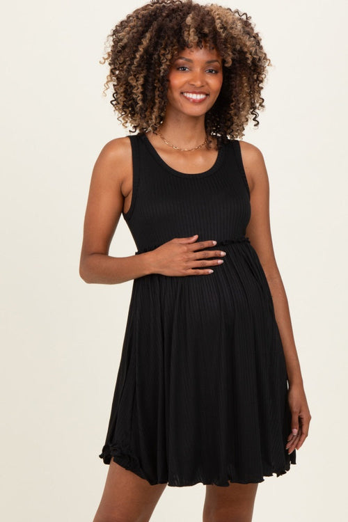 Black Ribbed Sleeveless Lettuce Trim Maternity Mini Dress