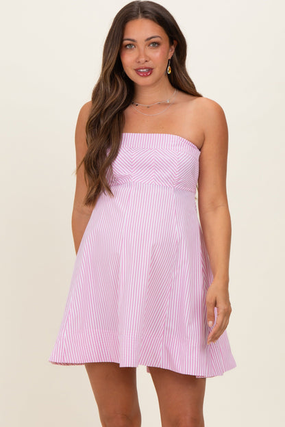 Light Pink Striped Strapless A-Line Maternity Dress