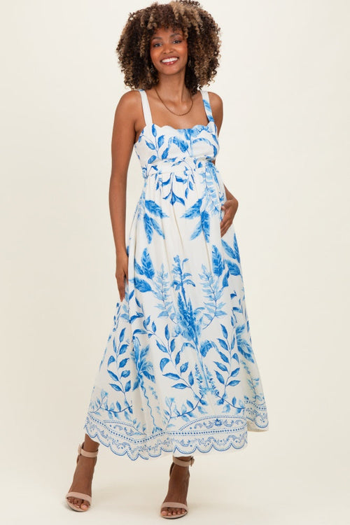 Blue Printed Scallop Detail Sleeveless Maternity Midi Dress