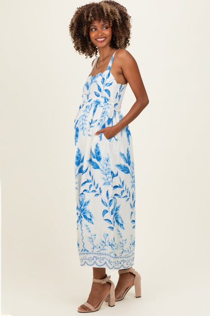 Blue Printed Scallop Detail Sleeveless Maternity Midi Dress