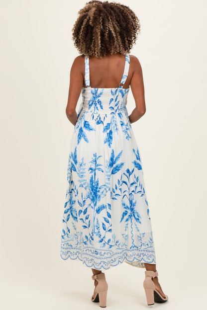 Blue Printed Scallop Detail Sleeveless Maternity Midi Dress