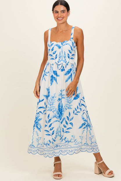 Blue Printed Scallop Detail Sleeveless Maternity Midi Dress