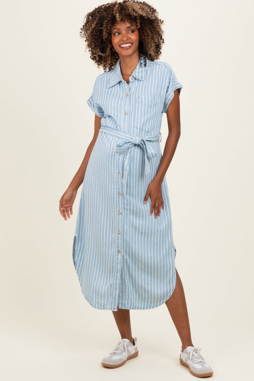 Light Blue Striped Chambray Maternity Midi Shirt Dress