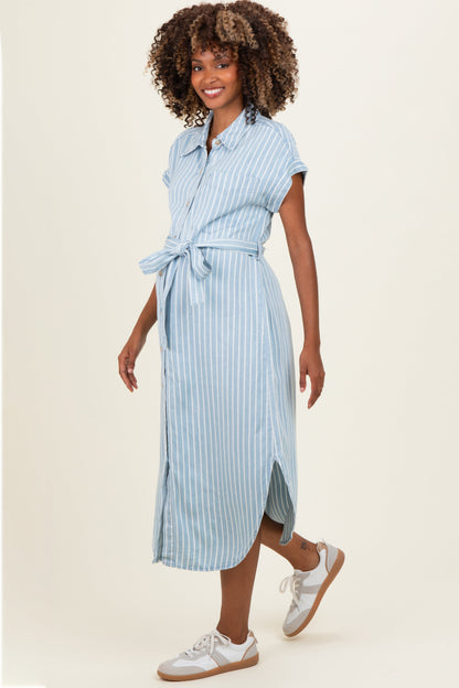 Light Blue Striped Chambray Maternity Midi Shirt Dress