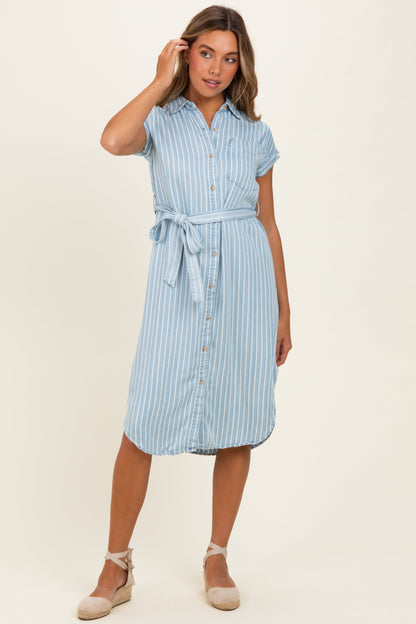 Light Blue Striped Chambray Maternity Midi Shirt Dress