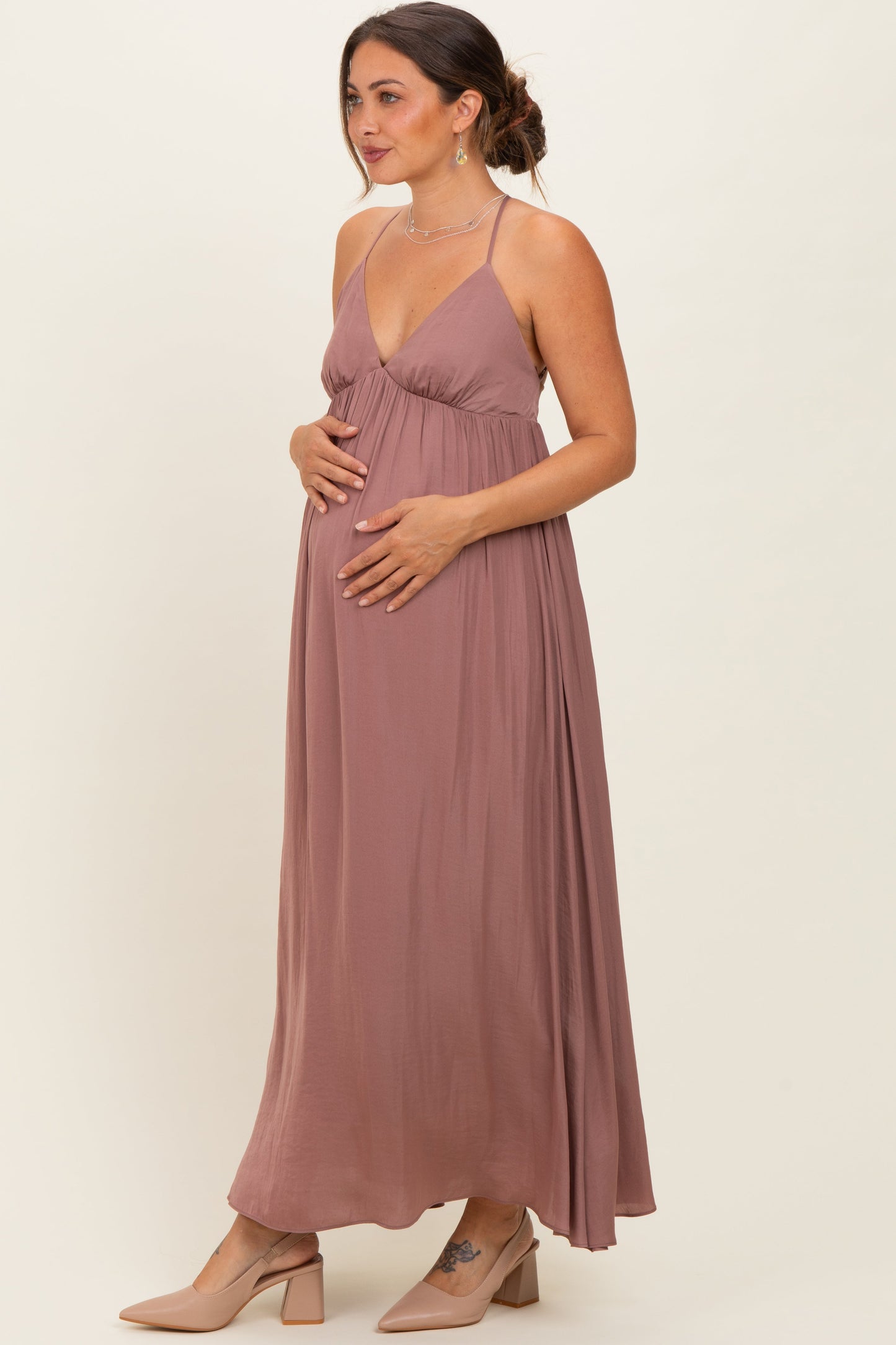 Mauve V-Neck Open Back Maternity Maxi Dress