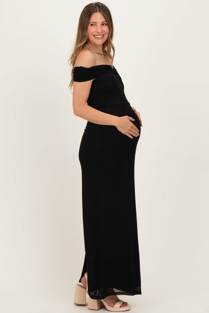 Black Off Shoulder Mesh Maternity Maxi Dress