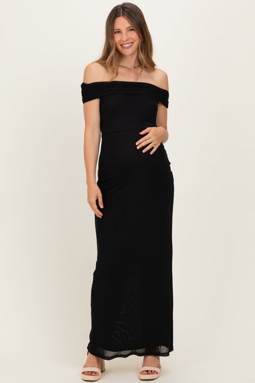 Black Off Shoulder Mesh Maternity Maxi Dress