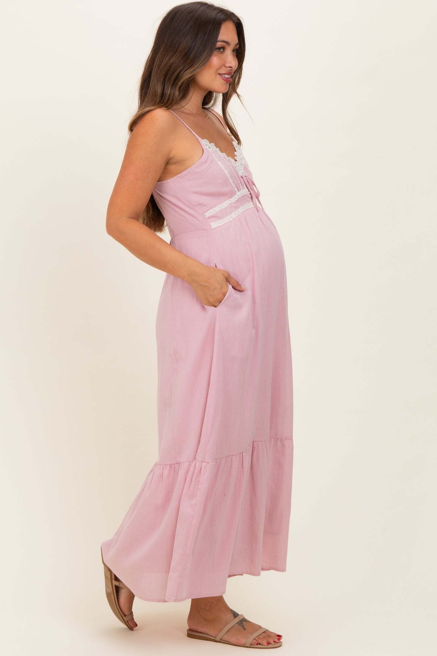 Pink Lace Accent Maternity Maxi Dress