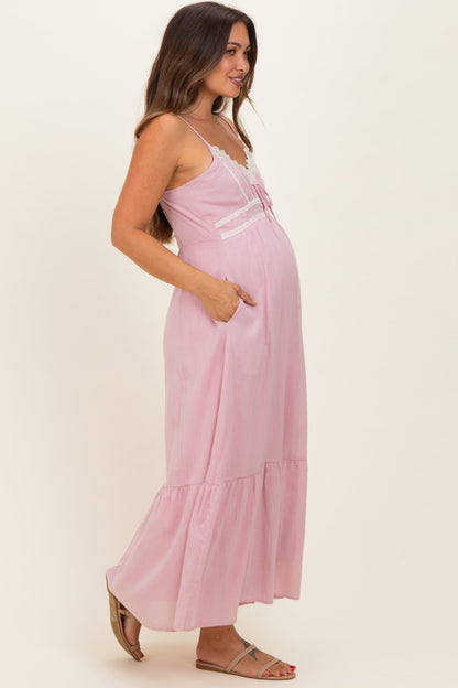 Pink Lace Accent Maternity Maxi Dress