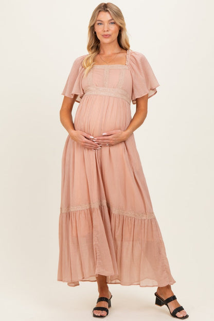 Dusty Pink Lace Accent Flutter Sleeve Maternity Maxi Dress