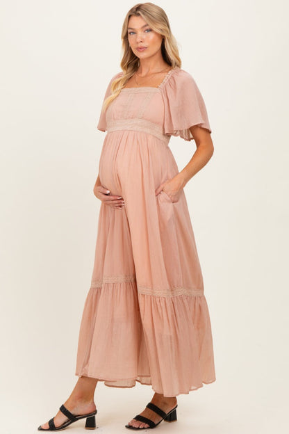 Dusty Pink Lace Accent Flutter Sleeve Maternity Maxi Dress