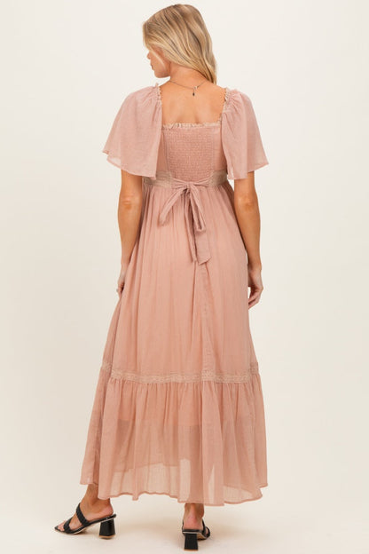 Dusty Pink Lace Accent Flutter Sleeve Maternity Maxi Dress