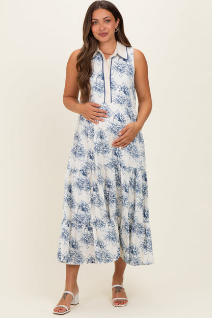 Ivory Floral Tiered Sleeveless Maternity Shirt Dress