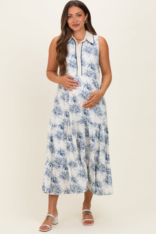 Ivory Floral Tiered Sleeveless Maternity Shirt Dress