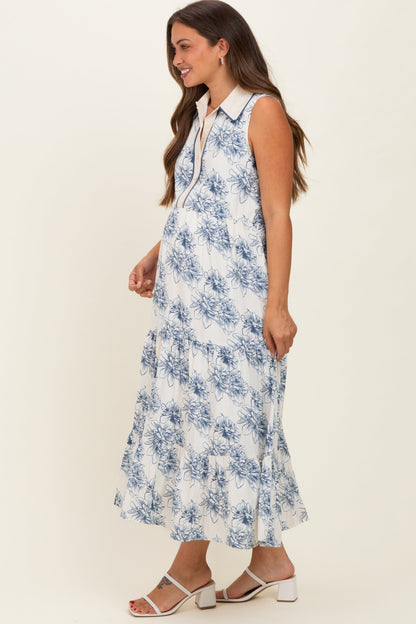 Ivory Floral Tiered Sleeveless Maternity Shirt Dress