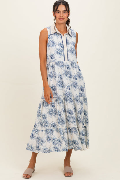 Ivory Floral Tiered Sleeveless Maternity Shirt Dress