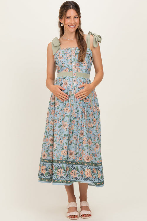 Dusty Blue Floral Shoulder Tie Button Down Maternity Midi Dress