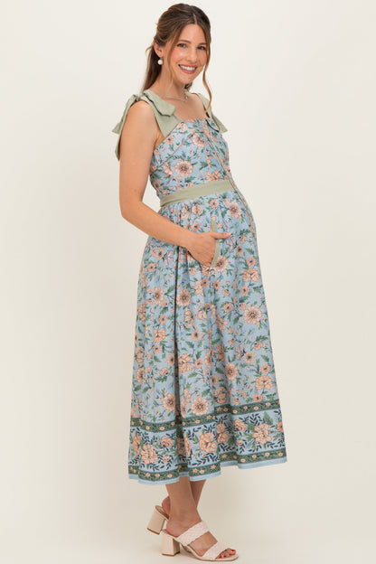 Dusty Blue Floral Shoulder Tie Button Down Maternity Midi Dress