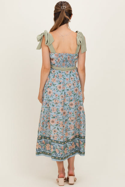 Dusty Blue Floral Shoulder Tie Button Down Maternity Midi Dress