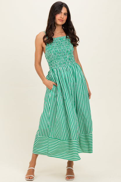 Green Striped Smocked Maternity Midi Dress