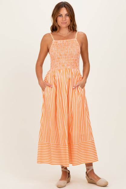 Orange Striped Smocked Maternity Midi Dress
