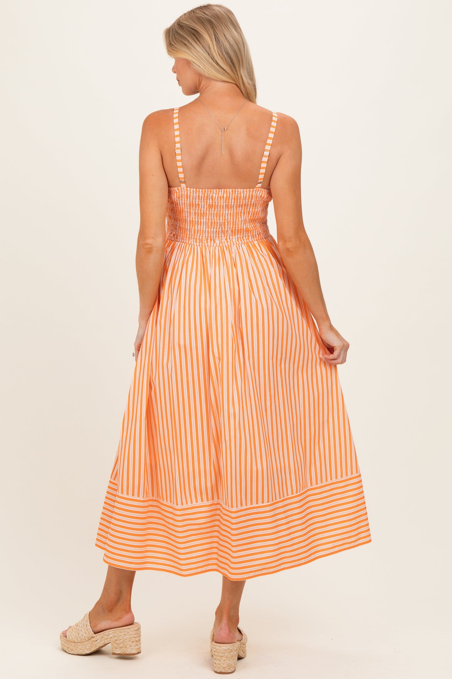 Orange Striped Smocked Maternity Midi Dress
