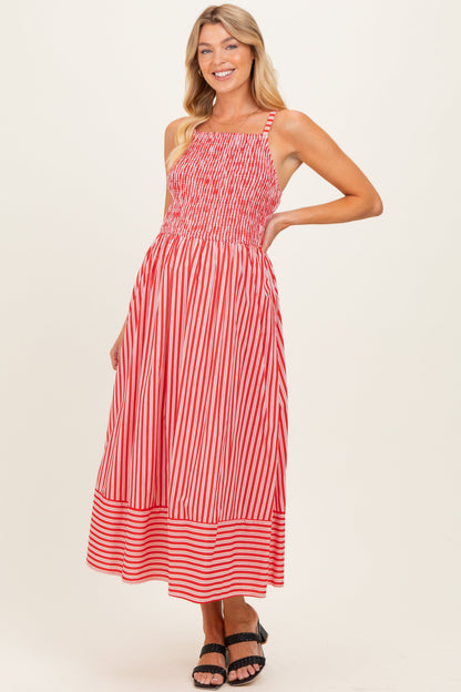 Red Striped Smocked Maternity Midi Dress